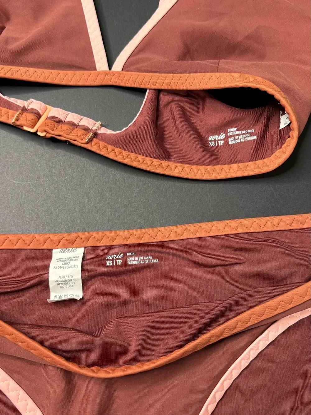 aerie Two-Piece Triangle Bikini in Rust with Peach and Orange Trim